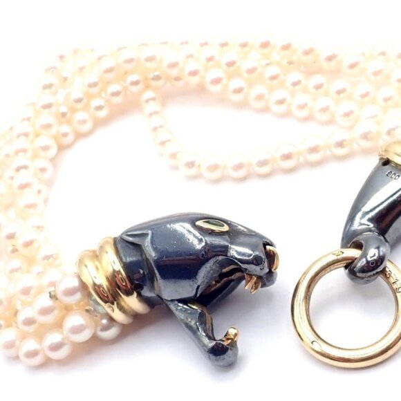 Panthere de Cartier Panther 18k Yellow Gold & Silverium Pearl Emerald Bracelet - Picture 9 of 14